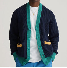 Threebooy Autumn Winter Youth Mens Patchwork Knitwear Long Sleeve Collarless Coarse Wool Sweater Fashion Button Cardigan Coat Men Clothing