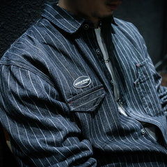 Threebooy Japanese Retro Style striped shirt For Men Spring Autumn Long Sleeve Loose Tops American heavyweight Workwear Shirts Streetwear