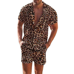 Threebooy Leopard Print Men's Two Piece Set Short Sleeve Turn-down Collar Shirt And Shorts Loose Casual Suits Summer Fashion Outfits Male