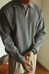 Threebooy Fashion Solid Color Men Polo Kint Shirt Autumn Long Sleeve Turn-down V-neck Sweater Casual Jumper Tops Men's Knitwear Clothe