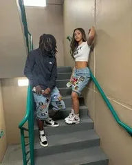 Threebooy 2000s American Patchwork Applique Technology High Quality Blue Loose Jeans Y2K Street Trendy Personality Harajuku Hip Hop Shorts