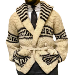 Threebooy Autumn Winter Men Thicken Jacquard Knitted Cardigan Coat Vintage Turndown Collar With Waistband Thick Needle Sweater Streetwear