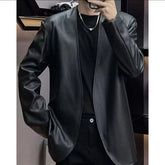 Threebooy Vintage Mirad Leather Jacket For Men Collarless Long Sleeved Cardigan Fashion Trendy Fur Tops Coat Oversize Handsome Streetwear