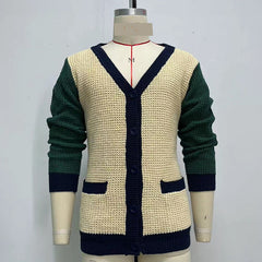 Threebooy Autumn Winter Youth Mens Patchwork Knitwear Long Sleeve Collarless Coarse Wool Sweater Fashion Button Cardigan Coat Men Clothing