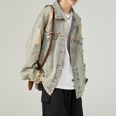 Threebooy American Style Vintage Men Denim Jacket Spring Autumn Loose Wash Jean Coat Retro Nostalgia Trend Holes Cowboy Outwear Top Male