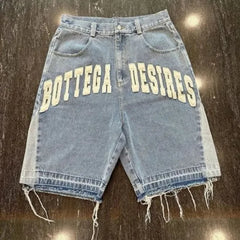 Threebooy 2000s Bottega Desires Pieces Skateboard Denim Shorts Letter Cartoon Patchwork Loose Jeans Wide Leg Pants Harajuku Rock Pants Men