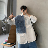 Threebooy Denim Patchwork White Shirt Men Lapel Long Sleeve Button Loose Tops Spring Autumn Fashion Vintage Shirts Streetwear Male