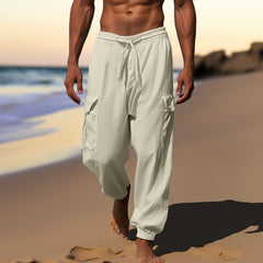 Threebooy Multi Pocket Cotton Linen Pants For Men Lace-up Drawstring Foot Binding Long Trousers Spring Summer Sport Casual Cargo Pant