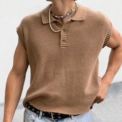 Threebooy Fashion Mens Knit Polo Shirt Sleeveless Lapel Button Loose Tee Tops Spring Summer Casual Trend Polos Tshirt Men Clothing