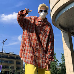 Threebooy American Vintage Streetwear For Men Plaid Shirt Loose Casual Long Sleeve Buckle Top Autumn Fashion Trend Couple Shirts Clothing