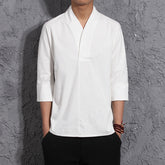 Threebooy Vintage Men Cotton Linen Shirts Short Sleeved V-neck T-shirt Pullover Summer High Quality Hanfu Trend Brand Clothing For Mens