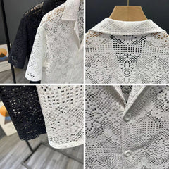 Threebooy Vintage Ice Silk Lace Shirts For Men Sexy Lace Breathable Hollow Out Tops Summer Fashion Cuban Collar Short Sleeved Shirt Male