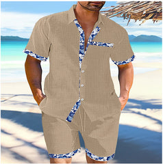 Threebooy Summer Mens Cotton Linen Two Piece Set Contrast Color Short Sleeve Lapel Shirts And Shorts Loose Suits Hawaiian Beach Outfits