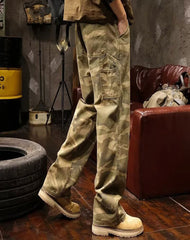 Threebooy Vintage Multi-pocket Camouflage Cargo Pants For Men High Street Y2k Loose Straight Trousers Spring Autumn Washed Denim Jeans