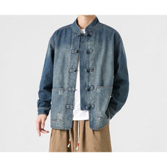 Threebooy Retro Chinese Style Washed Denim Jacket For Men Spring Autumn Long Sleeved Stand Collar Top Fashion Vintage Ethnic Shirts Coat
