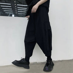 Threebooy Y2k Gothic Style Big Pocket Ribbon Harem Pants New Fashion Personality Daily Casual Dark Style Eight-Point Trousers Unisex
