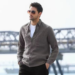 Threebooy Vintage Linen Shirt For Men Double Pocket Workwear Long Sleeved Top Spring Autumn Leisure Loose Blouse Shirts Cotton Linen Male