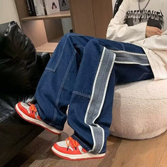 Threebooy Retro High Street Men's Jeans Hip Hop Side Stripes Wide Leg Loose Trousers Spring Autumn Fashion Trends Denim Pants Streetwear
