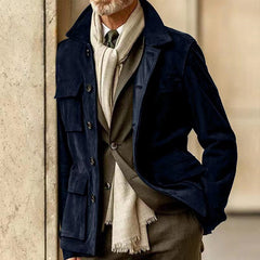 Threebooy Cowhide Suede Jacket For Men Autumn Winter Turndown Collar Multi-pocket Windbreaker American Vintage Casual Coat Streetwear