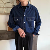 Threebooy American Vintage Men's Denim Shirt Safari Style Double Pocket Lapel Long Sleeve Top Spring Autumn Fashion Streetwear Shirts Male