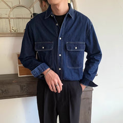 Threebooy American Vintage Men's Denim Shirt Safari Style Double Pocket Lapel Long Sleeve Top Spring Autumn Fashion Streetwear Shirts Male