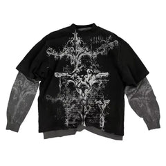 Threebooy 2000s American Skull Pattern Long sleeved T shirt Fashion Round Neck Oversized T shirt New Mens Casual Gothic Clothing Tops