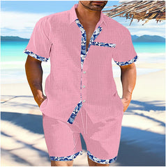 Threebooy Summer Mens Cotton Linen Two Piece Set Contrast Color Short Sleeve Lapel Shirts And Shorts Loose Suits Hawaiian Beach Outfits