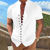 Threebooy New 100% Cotton Linen Vintage Shirts Mens Short Sleeve Stand Collar Casual Male Blouse Summer Retro Shirt Top Men Clothing