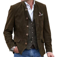 Threebooy 2025 New Suede jacket For Men Vintage Casual Suit Coat Spring Autumn Long Sleeve Stand Collar Retro Tops Outerwear Streetwear