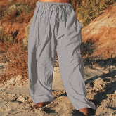 Threebooy Oversized Mens Cotton Linen Pants Loose Elastic Waist Straight Trousers Vintage Solid Color Outdoor Breathable Comfort Pants Fat