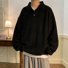 Threebooy Vintage Mens Polo Neck Sweater Autumn Winter Long Sleeved Knitted Top Japanese Lazy Style Fashion Loose Knit Sweater Thick