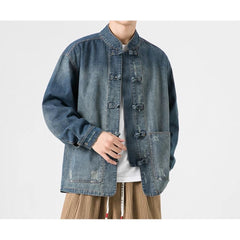 Threebooy Retro Chinese Style Washed Denim Jacket For Men Spring Autumn Long Sleeved Stand Collar Top Fashion Vintage Ethnic Shirts Coat