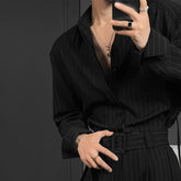 Threebooy Mens Sets Vertical Striped Shirt Belt Trousers Two-Piece Sets Fashionable Personality Versatile Sets Men'S Clothing Autumn