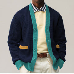 Threebooy Autumn Winter Youth Mens Patchwork Knitwear Long Sleeve Collarless Coarse Wool Sweater Fashion Button Cardigan Coat Men Clothing