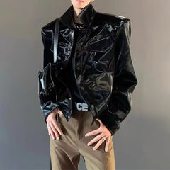 Threebooy Mens Y2k Glossy Shoulder Pad Jacket New Genderless Fashion Personality Metal Functional Style Solid Color Jacket Unisex