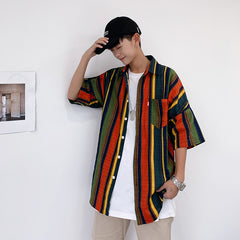 90s streetwear Summer New Men's Casual Short-Sleeved Shirt Trendy Korean Style Contrast Color Striped Loose Shirt