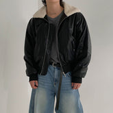 Threebooy Lambswool Pu Leather Short Cotton Coat Mens Winter Fashion Lapel Warm Cotton Coat Korean Style Trendy High-End Leather Jacket
