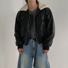 Threebooy Lambswool Pu Leather Short Cotton Coat Mens Winter Fashion Lapel Warm Cotton Coat Korean Style Trendy High-End Leather Jacket