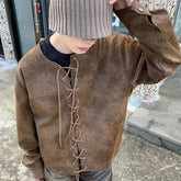 Threebooy Vintage Heavy Weight PU Leather Jacket For Men Spring And Autumn Double Breasted Drawstring Long Sleeve Tops Outdoor Loose Coat