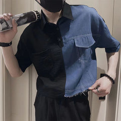 Threebooy Fashion Denim Patchwork Shirt Men Short Sleeve Polo Collar Pullover Tops Summer Handsome Casual Loose Blouse Streetwear Male