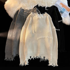 Threebooy Vintage Hole Tassels Sweater Men Women Autumn Long Sleeves Kint Tops Fashion Loose Knitted Pullover Couples Unisex Streetwear