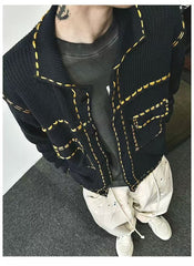 Threebooy American Jacquard Vintage Knitted Jacket For Men Autumn Winter Turndown Collar Sweater Cardigan Fashion Streetwear Kint Tops