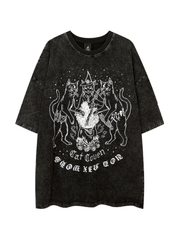 Threebooy high street cat print short pomwashed old loose shirt NA627