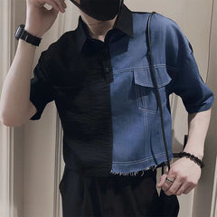 Threebooy Fashion Denim Patchwork Shirt Men Short Sleeve Polo Collar Pullover Tops Summer Handsome Casual Loose Blouse Streetwear Male