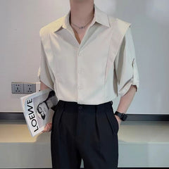 Threebooy Summer Ice Silk Shirt For Men Fashion Casual Three Quarter Sleeve Tops Trendy Vintage Fake Two Shirts Streetwear Advanced Sense