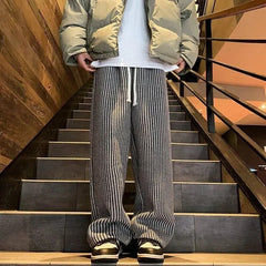 Threebooy American Vintage Vertical Stripes Woolen Casual Pants For Men Spring Autumn Fashion Straight Wide Leg Trousers Streetwear Male