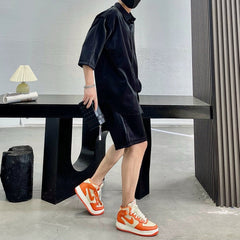 Threebooy Mens Metallic Short-Sleeved Shirt Shorts Suit Summer Niche Personality Streetwear Solid Color Two-Piece Suit Men'S Clothing