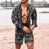 Threebooy Summer Newest Men 2 Piece Suit Clothing Long-sleeved Printed Shirts Top With Casual Shorts Fashion Male Beach Wear Loose Outfit