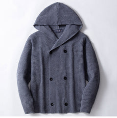Threebooy Autumn Winter Men Double Breasted knitted Hoodie Jacket Vintage Grey Hooded Sweater Oversized Knit Cardigan Casual Knitwear