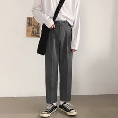 Threebooy Korean Men Casual Suit Pants Dropping Feel Loose Straight Ankle-Length Pants Spring Summer Youth Fashion cropped Trousers